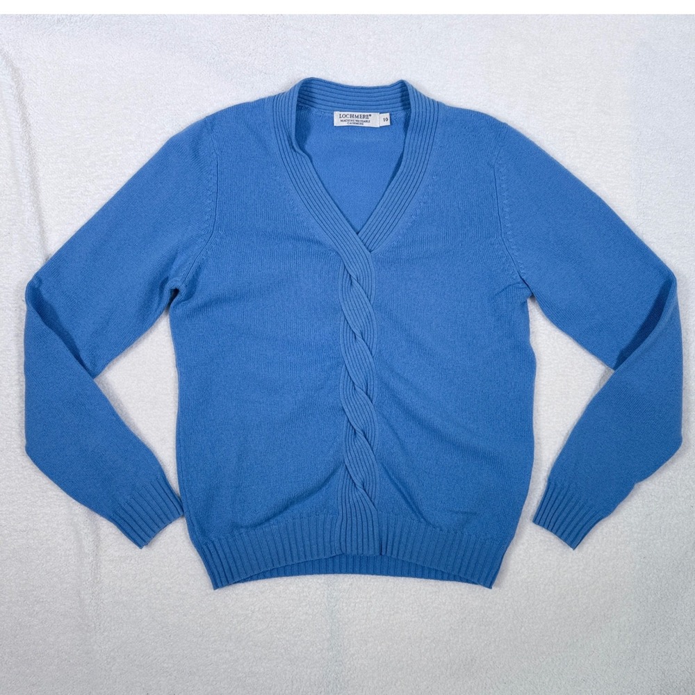 Lochmere Blue 100% Cashmere V-Neck Cable Knit Sweater Size 10 Machine Washable